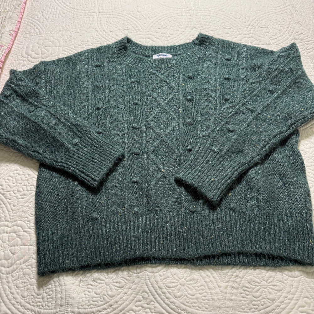 Old Navy Cable Knit Sweater Womens Large Green Bobble Speckled Crew Neck Relaxed
